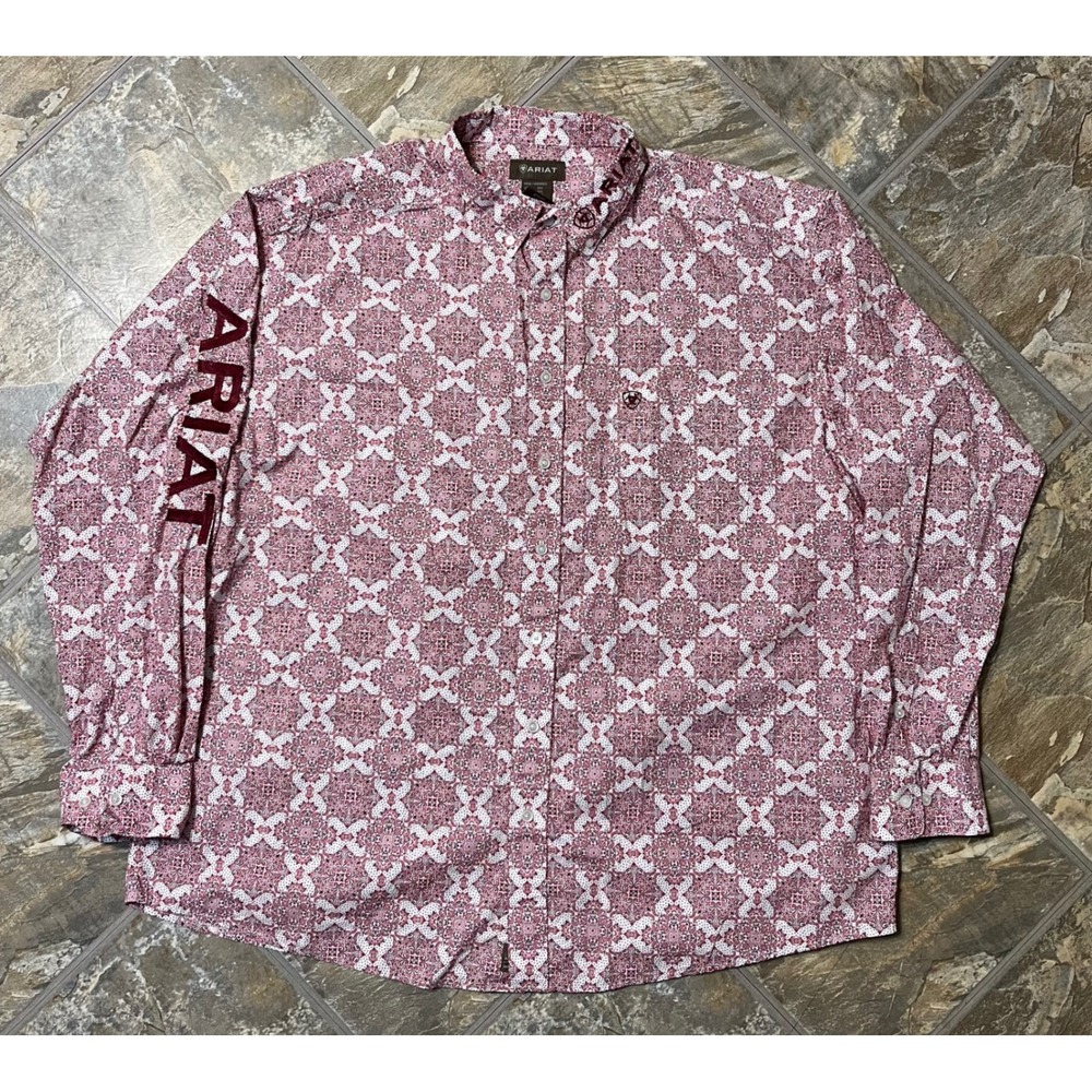 Ariat Button Down Shirt Men XXL Red White Paisley Logo Western Cotton